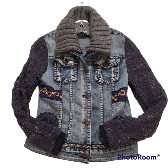 Desigual jean jacket with crochet knit overlay removable collar size 38 - Picture 3 of 16